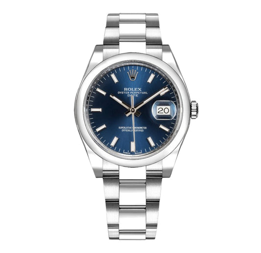 Rolex Oyster Perpetual Date 34mm (Reference: 115200) with a blue sunburst dial.